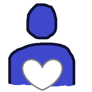 The head and torso of an abstract blue person with a large white heart in front along the bottom of the image.